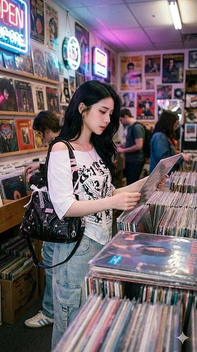 黑发少女唱片店淘碟写真