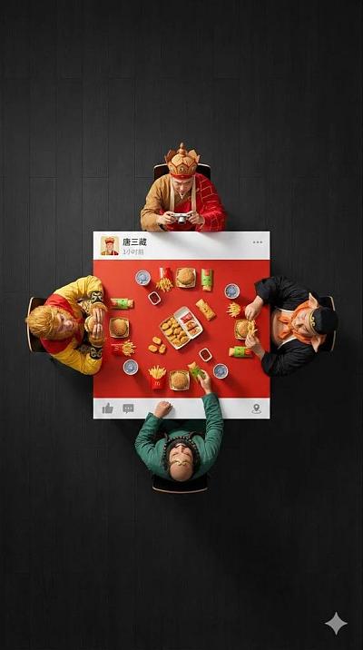 超现实俯拍：角色围桌如朋友圈互动