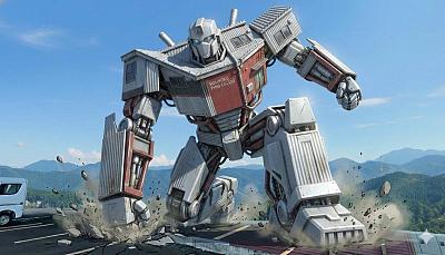 社屋をトランスフォーマー風巨大ロボットに変身させる提示词