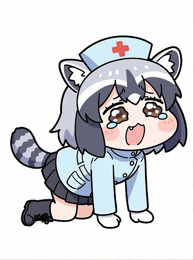 萌化角色跪地卖萌，护士装扮带猫耳尾巴