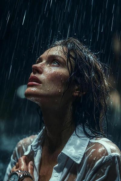 雨夜中情绪浓烈的超写实女性肖像