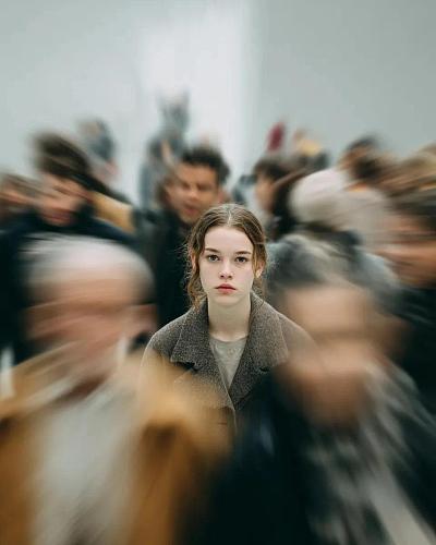 喧闹人群中静止清晰的电影感肖像