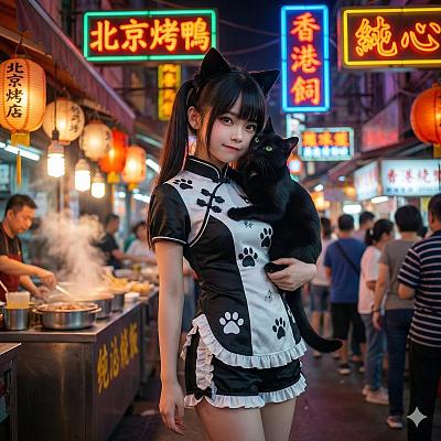 夜市霓虹下少女抱黑猫，猫耳旗袍萌趣十足