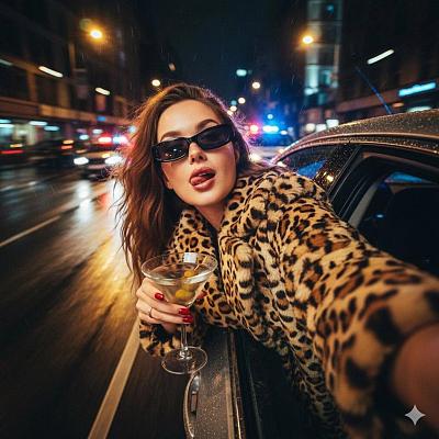 雨夜街头奢华逃逸自拍：豹纹外套女子手持马提尼，警灯闪烁，动感