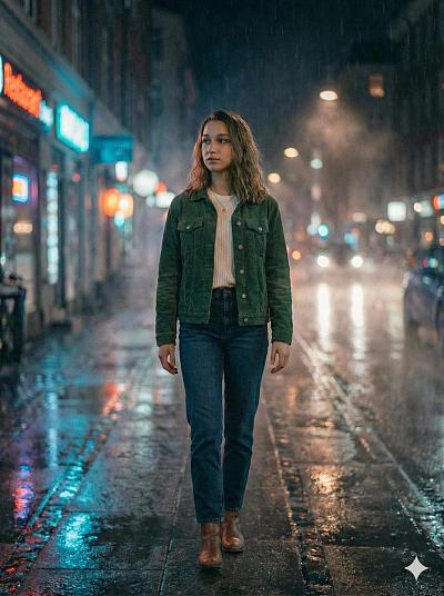雨夜霓虹街头女性写真，电影感氛围光影