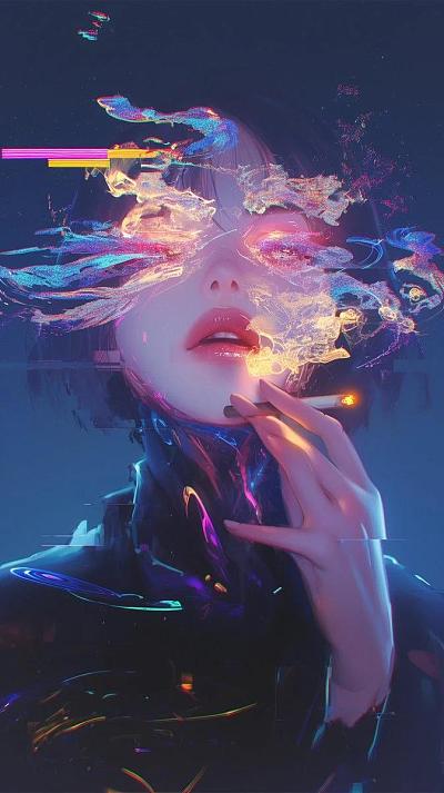 赛博朋克风格女性吸烟，面部烟雾与霓虹光效交织，数字故障艺术效
