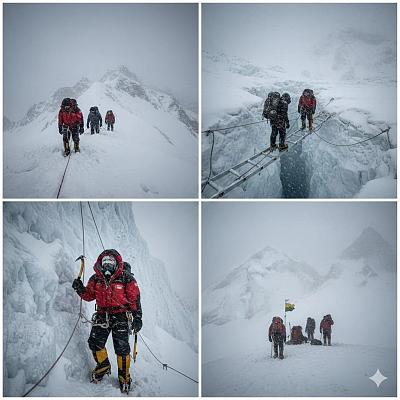 高海拔登山者暴风雪中穿越冰川险境