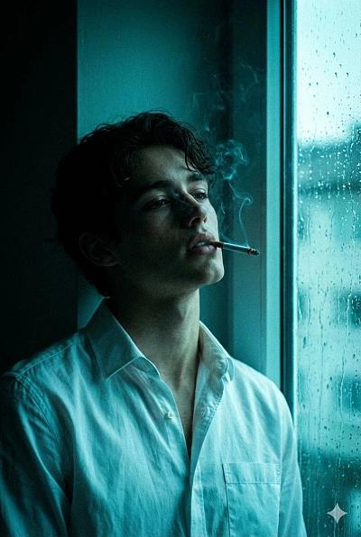 雨夜窗边抽烟的忧郁青年特写