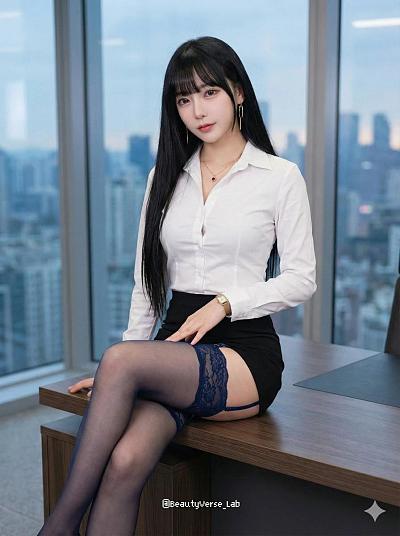 都市OL性感写真：白衬衫黑短裙配蕾丝长袜，坐于办公桌前，窗外