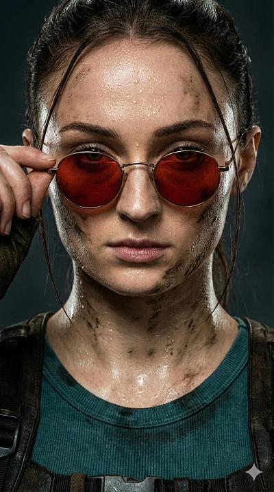 超写实女性角色特写，红镜片、汗渍泥污，战术装备，高对比光影