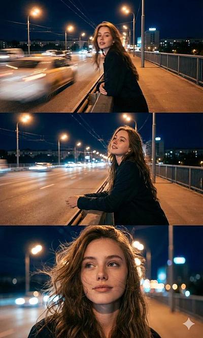 夜城桥上光影三联肖像：风中少女的都市浪漫瞬间
