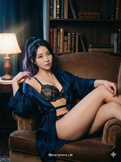 优雅女性书房写真，丝质睡袍与蕾丝内衣的光影艺术