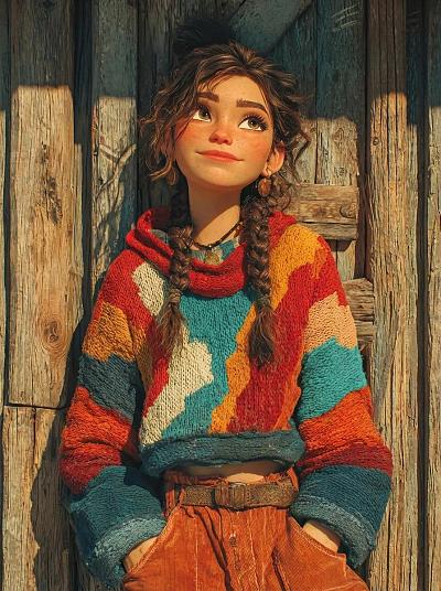 Pixar风格少女倚木墙暖光写真