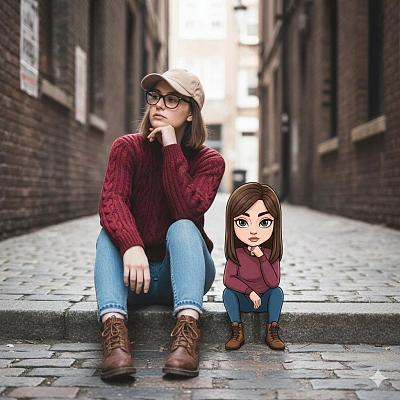 现实与卡通融合的都市女性沉思肖像