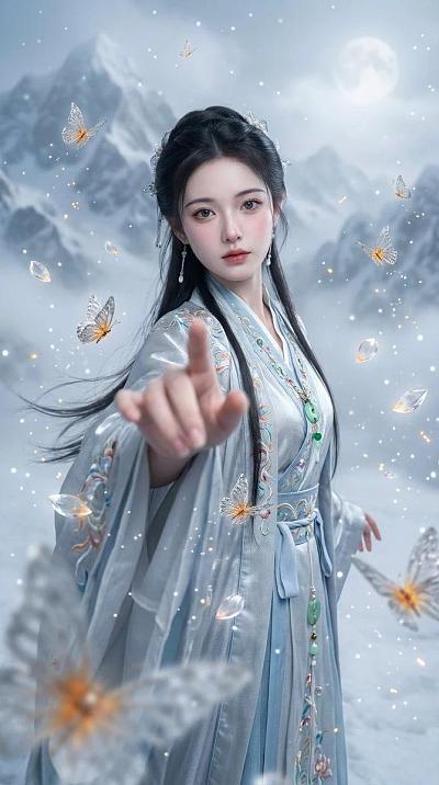 东方仙侠美女超写实肖像，银蓝汉服，灵蝶飞舞，雪山月夜，电影级