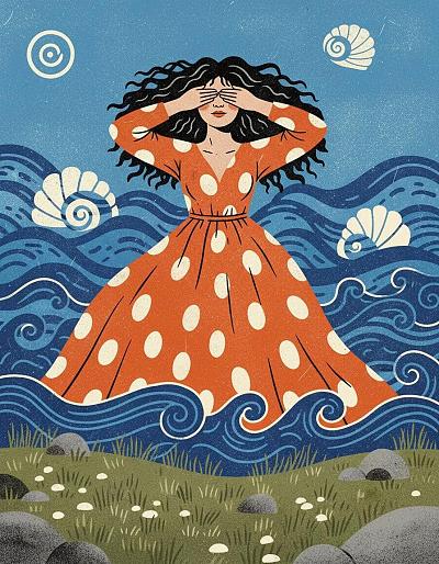 波浪海中闭眼女子插画，橙色波点裙，贝壳与螺旋符号点缀