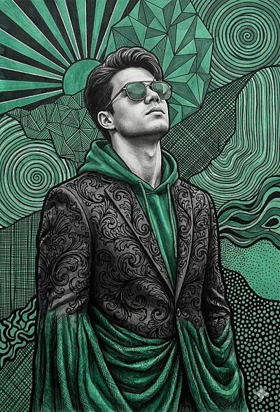 绿黑风格肖像插画
