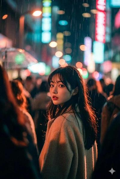 雨夜霓虹街头的电影感 candid 瞬间