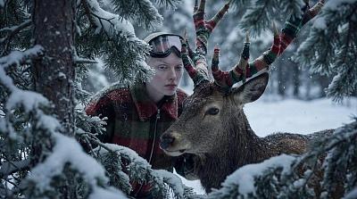 雪林幻境：少女与鹿的静谧邂逅
