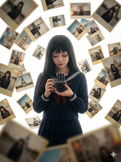 少女持复古相机，环绕全球地标自拍，梦幻悬浮极简构图
