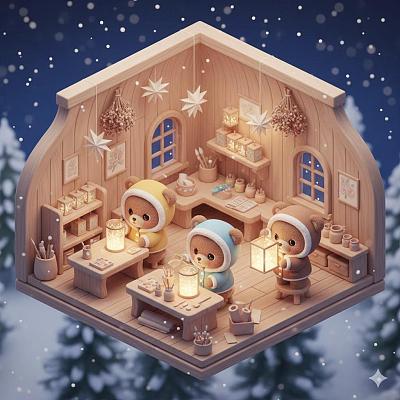 可爱小熊在雪屋中绘制山地图的温馨3D场景