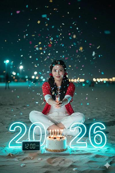 海滩夜景新年生日庆祝，少女手持彩炮，蛋糕与霓虹数字“2026