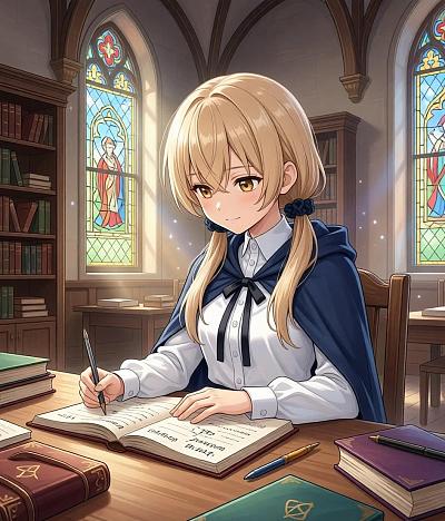 魔法学校考试场景中的金发少女