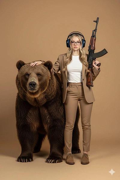 超现实时尚摄影：持枪女与棕熊的奢华对峙