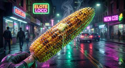 霓虹雨夜街头美食广告，赛博朋克风格视觉呈现