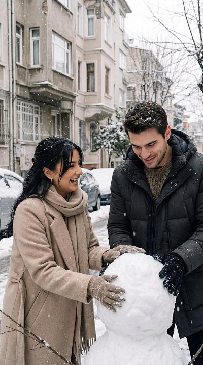 雪中情侣共建雪人，温馨街头浪漫瞬间