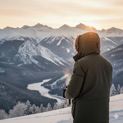 雪山日出时分，男子手持热饮远眺山谷美景。