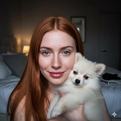 红发少女怀抱白色博美幼犬的卧室闪光写真