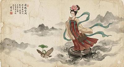 传统的中国工笔水墨画-仙女