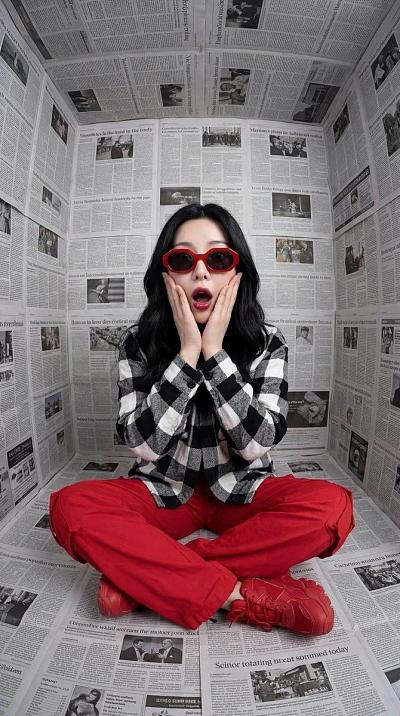 红黑撞色时尚人像，报纸空间中的超现实惊喜