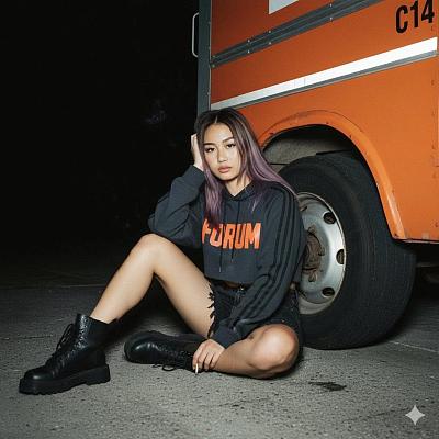 街头夜影中的冷峻姿态——紫发少女与橙色卡车