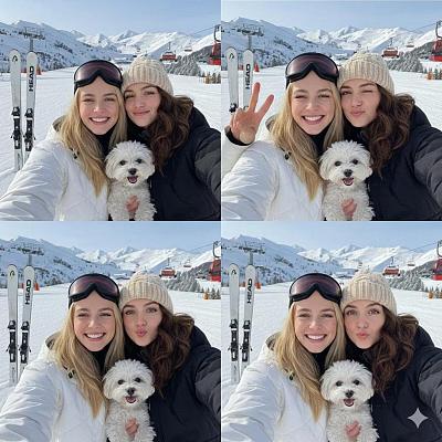雪地闺蜜与萌犬的四格自拍合集