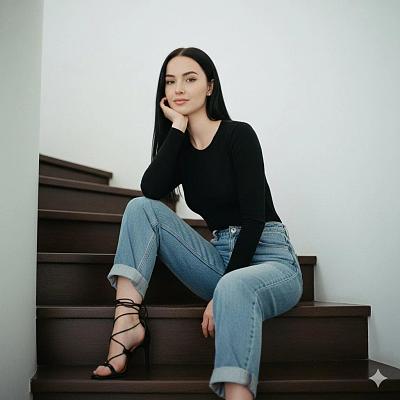时尚女性楼梯写真：简约优雅与俏皮姿态的完美融合