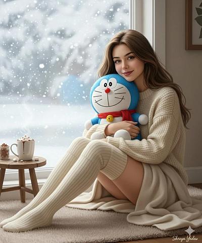 雪窗暖拥：少女与哆啦A梦的冬日时光