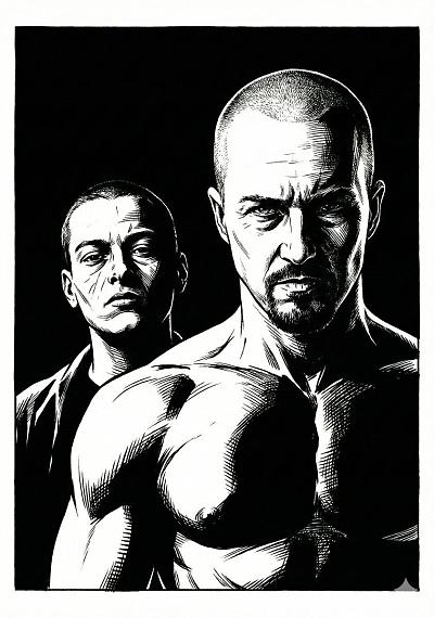 黑白高对比漫画风格双人肖像，致敬弗兰克·米勒罪恶之城美学