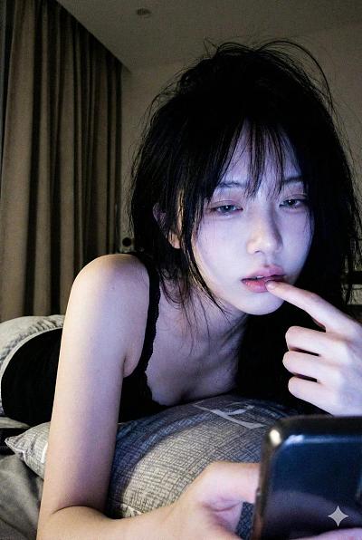深夜卧室自拍，蓝紫光晕下的慵懒氛围