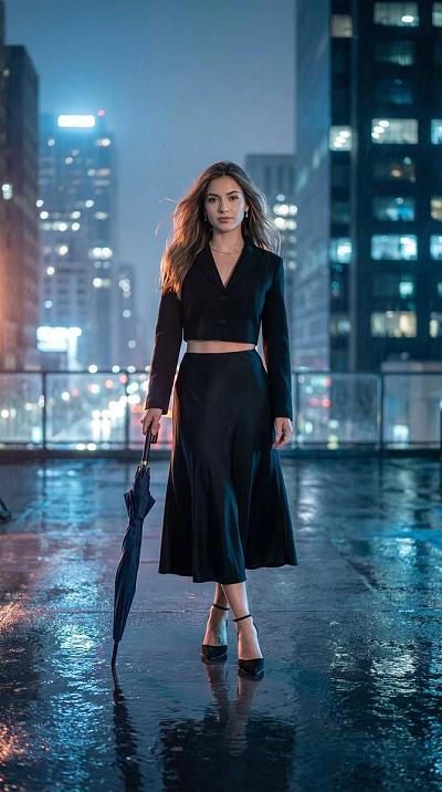 雨夜都市 rooftop 女性写真，超现实电影感光影