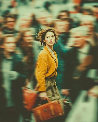 孤独少女 amidst 人潮