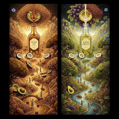 双联奇幻插画：芝麻丝与杏仁露的梦幻世界