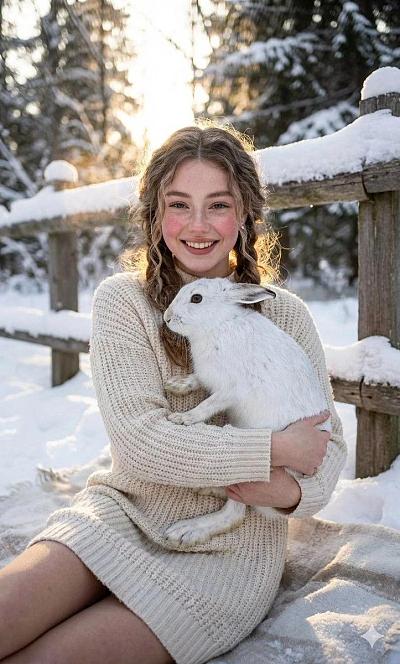 雪中少女抱白兔温馨冬日写真