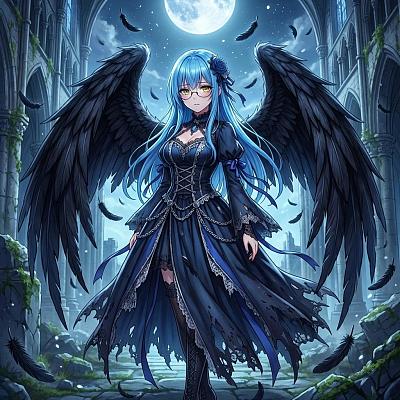 堕天使蓝发少女月夜静立废墟