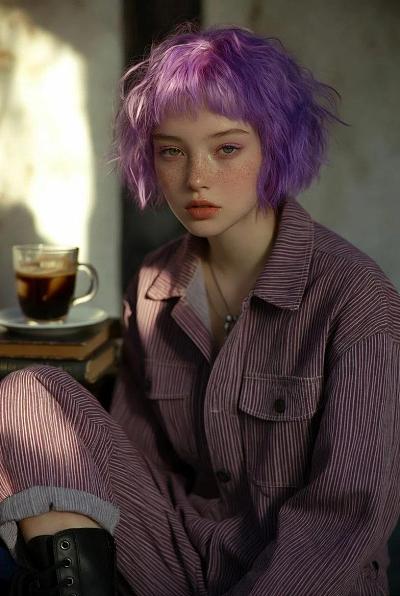 紫发雀斑少女的复古街头美学写真