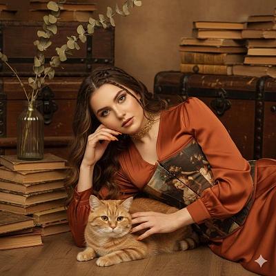 复古优雅肖像：女子与橘猫的静谧时光