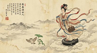 古风仙女乘扫地机云端遨游
