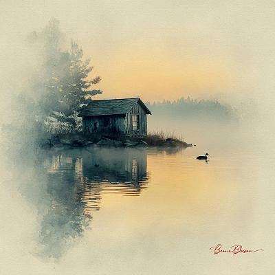 晨雾湖畔小屋静谧水彩画