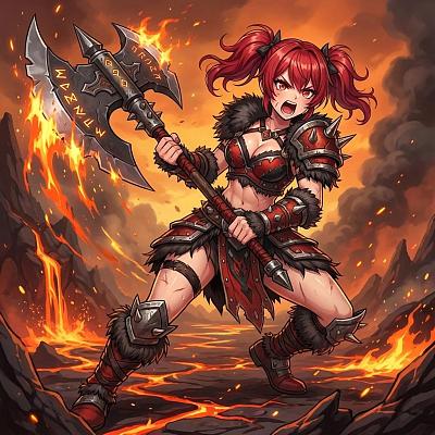 红发女战士持巨斧于熔岩战场冲锋